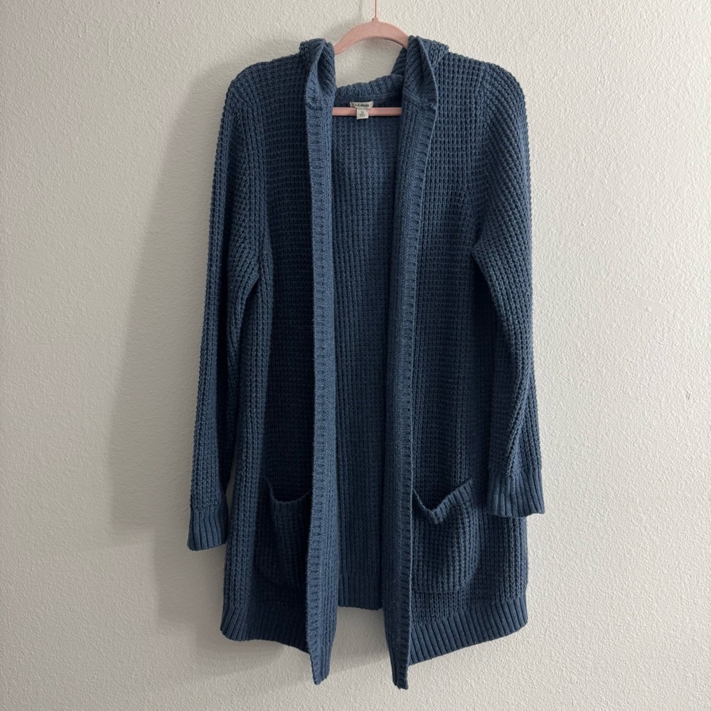 LL Bean Women’s Navy Hooded Knit Oversized Open Cardigan Sweater Size XL